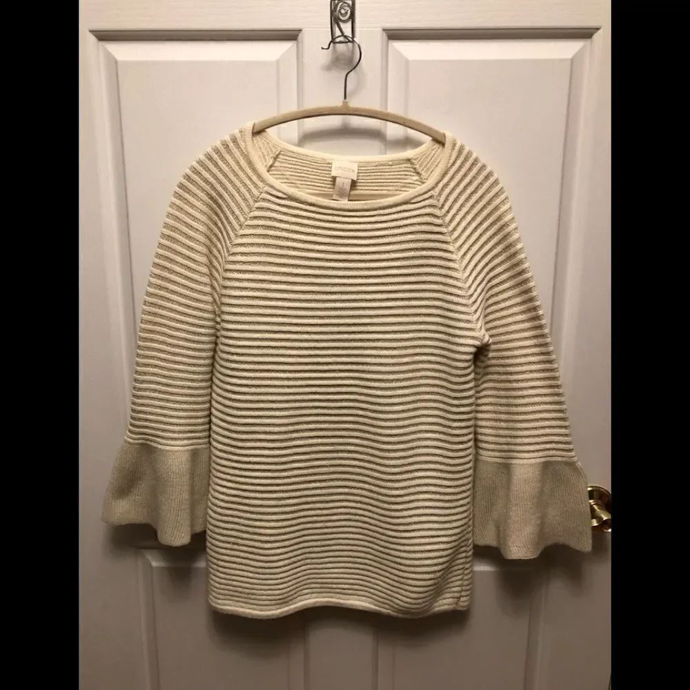 Chico's Cream & Gold Ribbed Bell Sleeve Sweater